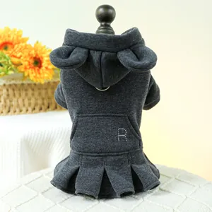 Dark grey pet hoodie dress with cute bear ears and a pleated skirt for dogs and cats
