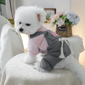 Pink and grey plaid dog jumpsuit with YES embroidery for small pets in autumn