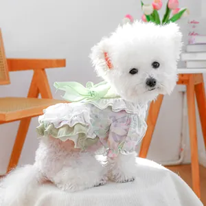 Detail of floral dog dress with layered lace collar and large green chiffon bow
