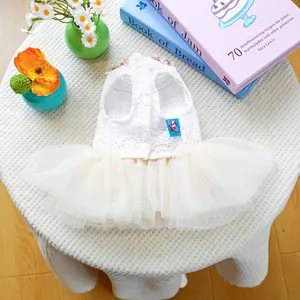 Detail of white lace pet dress with pearl collar and layered mesh tutu for small dogs