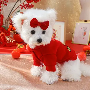 Detail of red pet New Year sweatshirt with golden money bag embroidery and bow accessory