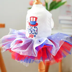 Patriotic 4th of July dog tutu dress with star mesh skirt and July 4th embroidery