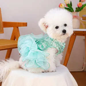 Detailed view of mint green pet wedding dress with sequin floral embroidery and tulle