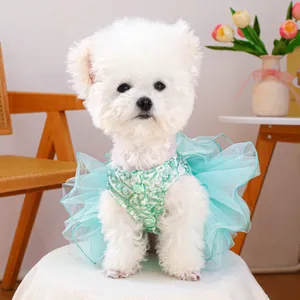 Detail of mint green pet wedding dress with floral sequins on white dog