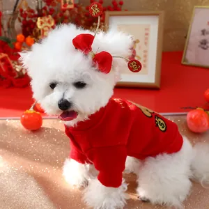 Detail view of festive red pet sweater with gold lucky characters and matching headband