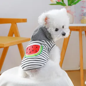 Striped pet hoodie with watermelon embroidery for small dogs in a home setting