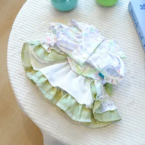 Detail of floral pet dress with mint green lace ruffles and white buttons