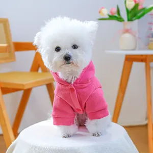 Close-up of rose red pet hoodie featuring a cozy hood and matching buttons on a small dog