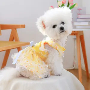 Dog summer lace dress with yellow daisy print and layered tulle hem for small pets