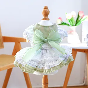 Detail of pet dress featuring floral pattern, organza bow, and lace embroidery