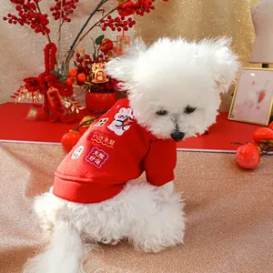 Detail of red pet hoodie with traditional Chinese embroidery on small white dog