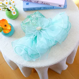 Mint green pet fairy wedding dress with sequins and a large rhinestone bow decoration