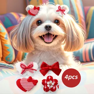 Detail view of 4pcs set including red plaid heart, bow, and flower clips for pets