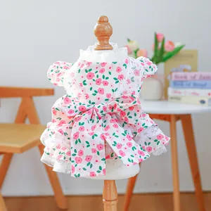 Floral pet summer dress with lace trim and large bowknot for small dogs and cats