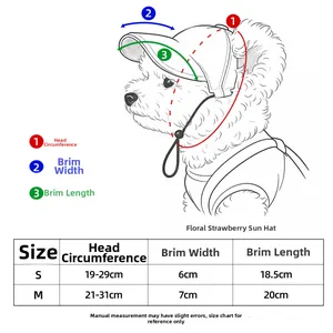 Size chart showing face circumference and brim measurements for pet dog sun hat accessory