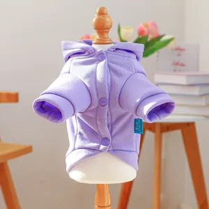 Lavender purple pet hoodie with buttons and woven label on a white dog mannequin