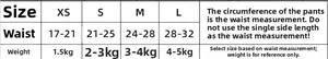 Detailed size chart for dog pants showing waist measurements and weights from XS to L
