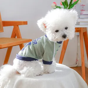 Dettaglio del gilet a righe verde chiaro per cani con bordi blu e stampe sportive