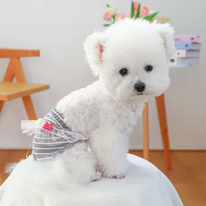 Mutandine igieniche per cani a righe grigie con pizzo bianco e fiocco rosso su Bichon