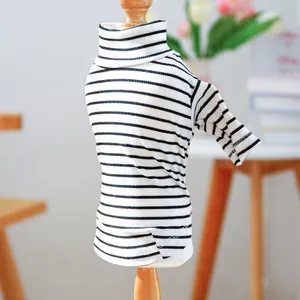 Close-up of black and white striped ribbed knit turtleneck shirt for small dogs