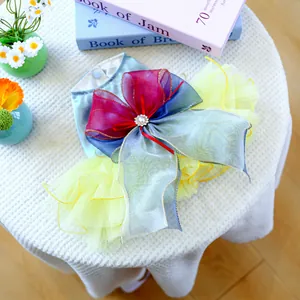 Elegant Snow White style pet dog dress with a blue satin top and yellow mesh tutu skirt