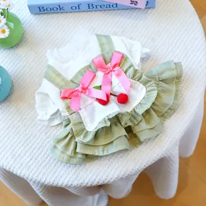 Sweet dog dress with cherry decor and ruffle details in sage green and white