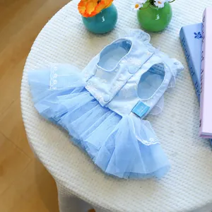 Détail d'une robe en tulle bleu clair pour chien avec dentelle florale et boutons