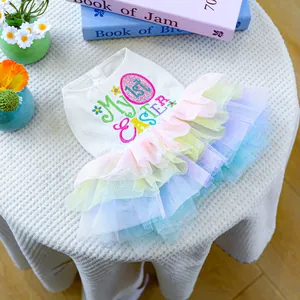 Close-up of My 1st Easter embroidery and colorful tulle layers on pet dog dress