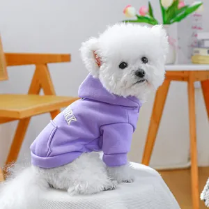 Detail of purple dog hoodie with York embroidery and back pocket for small pets