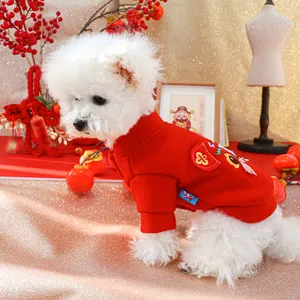 Detailed embroidery of Chinese New Year pet hoodie featuring lucky deity and tassel
