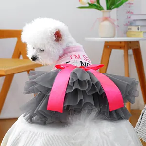 Dettaglio del grazioso abito tutu per cani con top rosa e gonna di tulle grigio.