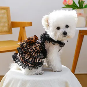 Dog tutu dress with leopard print and black lace trim for small pets in spring and summer