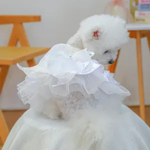 Detail of multi-layer white lace pet dress showing elegant mesh texture on a Bichon dog