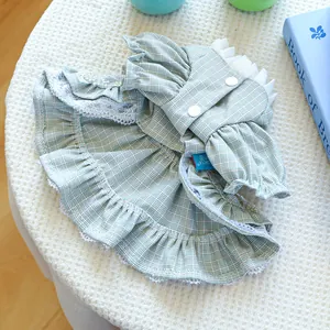 Detail eines hellgrünen Gingham-Hundekleids mit weißem Spitzenbesatz und Rüschenkragen