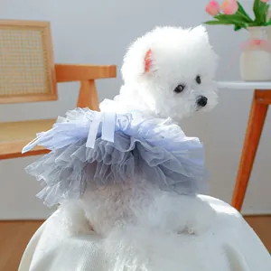 Blue pet wedding dress tutu skirt with white bow for small dogs and cats