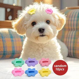Set of 18 random candy color flower petal hair clips for dogs and cats on white puppy