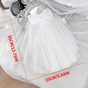 White wedding veil for small dogs with pearls and bow, size 35cm by 25cm detail view