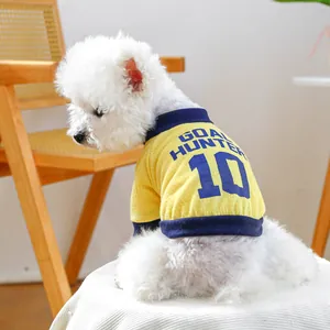 Detail of yellow dog t-shirt with GOAL HUNTER 10 print on a white Bichon Frise