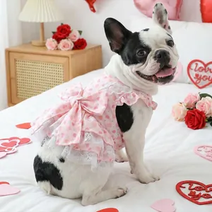 Pink pet lace dress with heart patterns and a large bow for small dogs and cats