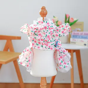 Detail of floral dog dress with lace trim and buttons on a small pet mannequin