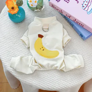 Combinaison côtelée blanc cassé pour chien avec broderie banane et anneau en D