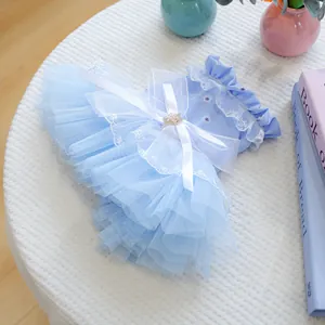 Robe élégante bleu clair pour animaux avec jupe en tulle et grand nœud pour petits chiens