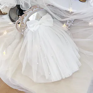 Close-up of white pet wedding veil with bowknot and pearls on a vintage mirror