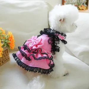 Detail of pink plaid dog dress with lace trim and large bow on a white poodle