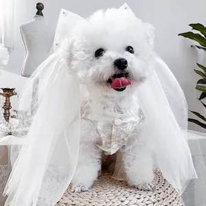 Detailed pet wedding veil with delicate pearls and lace embroidery for small dogs