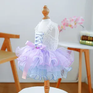 Dreamy lavender lace pet dress with layered mesh tutu and silk bow for small dogs and cats