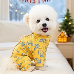 Yellow Cartoon Construction Vehicle Print Pet Jumpsuit Soft Knitted Cotton Dog Pajamas For Small Medium Dogs Puppy Clothes