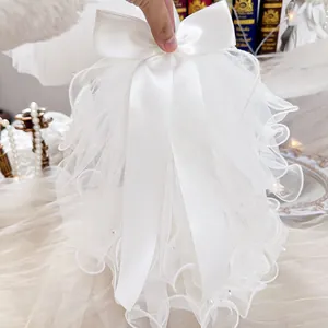 Elegant white pet wedding veil with satin bow and pearl mesh for small dogs and cats