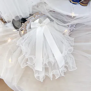 Detail of white bridal pet veil featuring a satin bow and delicate pearls on mesh layers