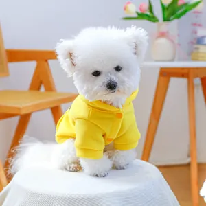 Yellow pet hoodie featuring snap button closure on a white Bichon Frise dog